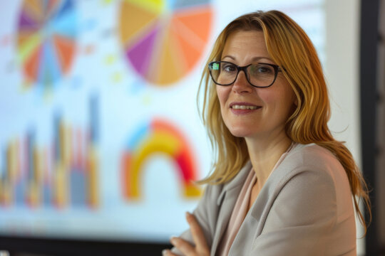 Professional businesswoman giving a detailed presentation with colorful analytical graphs in the background, looking engaged and knowledgeable