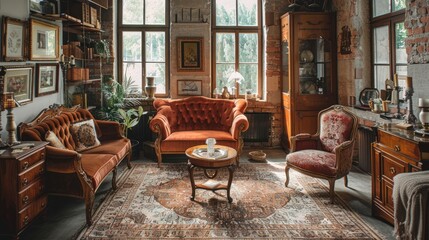 Fototapeta na wymiar photograph of Vintage Aesthetic: An elegantly styled vintage living room with antique furniture and classic decor. The warm, nostalgic atmosphere captures the charm and elegance of a bygone era.