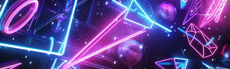 Obraz premium Neon lights shine brightly against a dark background with a planet