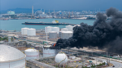 Huge fire exploding smoke at a chemical storage tank in Oil Refinery Plant. as the blaze was likely...