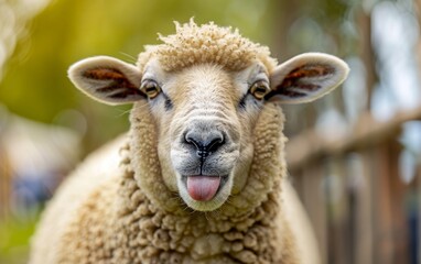 Sheep with a playful expression, sticking out its tongue.