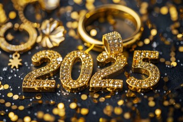 2025 gold jewel numbers, new year gemstones, diamond greeting card, gem celebrate banner
