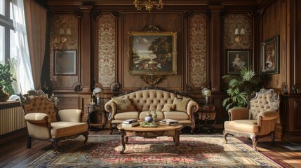 photograph of Vintage Aesthetic: An elegantly styled vintage living room with antique furniture and classic decor. The warm, nostalgic atmosphere captures the charm and elegance of a bygone era.