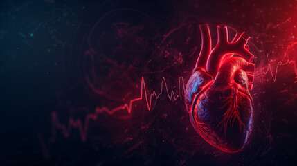 3D illustration of a human heart with blue digital red and blue cardiac pulse line. on a black background with copy space. Heart health, cardiology, cardiovascular disease concept