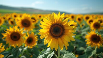 Fototapeta premium A field of bright yellow sunflowers under a clear blue sky.