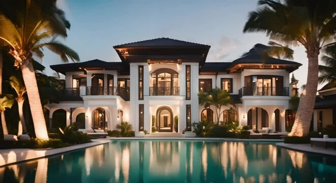 luxury tropical mansion exterior with pool and palm trees front view