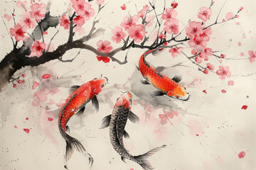 Japanese Sumi-e ink painting depicting tranquil carp koi fish amidst a profusion of sakura blossoms.