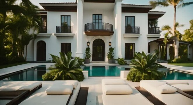 luxury tropical mansion exterior with pool and palm trees front view