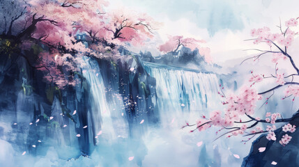 Watercolor painting of a waterfall with sakura cherry blossoms in spring, peaceful background