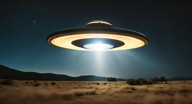 ufo with light beam hovering in the desert vector generative ai