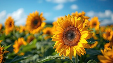 Fototapeta premium A field of bright yellow sunflowers against a blue sky.