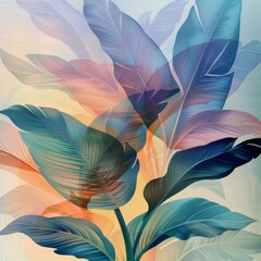 An abstract composition featuring the intricate shadows of different types of exotic plant leaves, set against a misty, soft focus backdrop The background should blend smooth gradient colors
