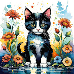 watercolor illustration, cute fluffy kitten surrounded by flowers, art background for design, giclee for interior, background for smartphone,