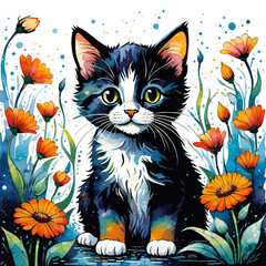 watercolor illustration, cute fluffy kitten surrounded by flowers, art background for design, giclee for interior, background for smartphone,
