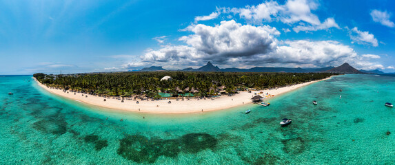 Mauritius, Black River, Flic-en-Flac, Aerial view of coastal beach in summer with Tourelle du...