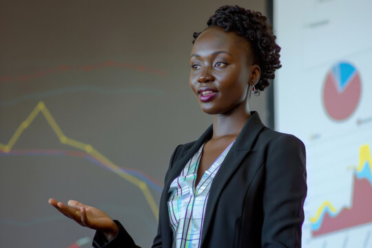 Confident businesswoman presenting analytical data with graphs and charts during a corporate meeting, demonstrating leadership and expertise