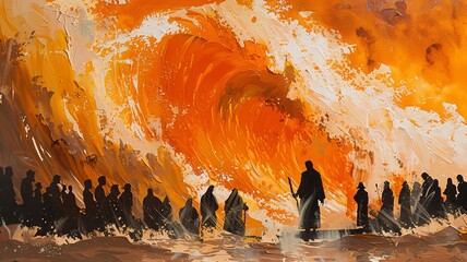 A minimalist illustration of Moses leading the Hebrew people crossing the Red Sea, characterized by simple and clean lines that evoke a sense of awe and liberation