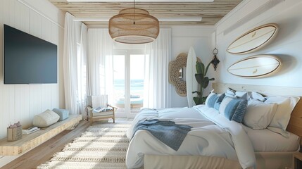 A bright, airy beachfront bedroom features contemporary coastal decor, a flat-screen TV, white bedding, and surfing accents with doors opening to an ocean view.