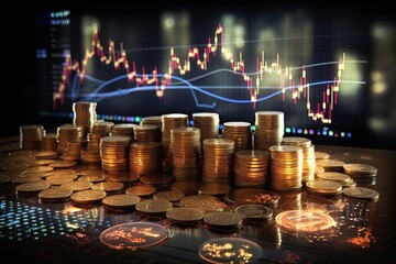 Stack of gold coins, with glowing blue charging panel background, showing economic, financial and stock market conditions.