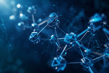 A series of interconnected molecules with polygonal shapes and reflective surfaces, set against a dark blue background. Illustrated with a vector design and digital technology concept.