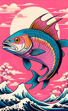 Pink tuna, vector illustration, Pop art deco style, Street art, giclee for interior, background for smartphone,