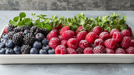 Tray with fresh blueberries, blackberries, raspberries, and greenery.