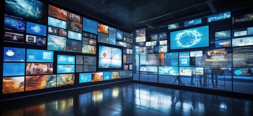 A row of screens displaying an assortment of images and videos