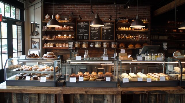 The interior of a bakery filled with various types of pastries displayed on shelves and counters, showcasing a wide selection of baked goods.