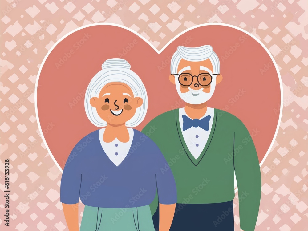 Wall mural cute cartoon style smiling grandmother and grandfather with a heart-shaped background for grandparen