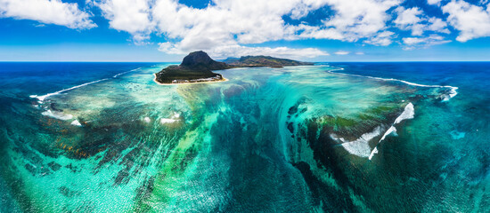 Aerial view of Mauritius island panorama and famous Le Morne Brabant mountain, beautiful blue...