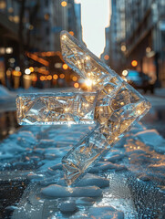 Ice sculpture of an illuminated arrow on a city street at dusk.