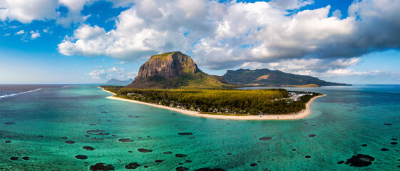 Aerial view of Le morne Brabant in Mauriutius. Tropical crystal ocean with Le Morne mountain and...