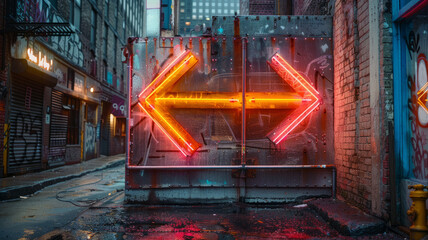 Neon arrows in an urban alley at night with graffiti and wet pavement.