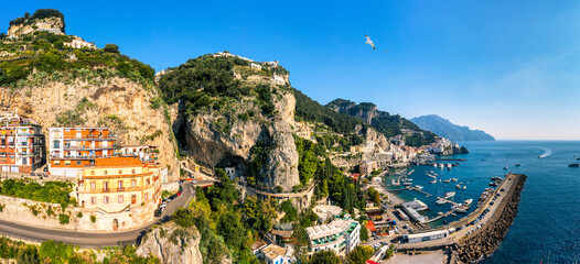 View of beautiful Amalfi town, Campania, Italy. Amalfi coast is most popular travel and holiday...