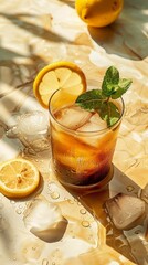 Fototapeta premium Glass of iced tea with lemon slices and mint