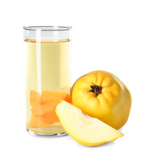 Delicious quince drink in glass and fresh fruits isolated on white