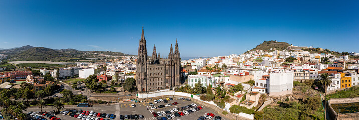 Aerial view of the Parroquia de San Juan Bautista de Arucas church in Arucas town, Gran Canaria,...