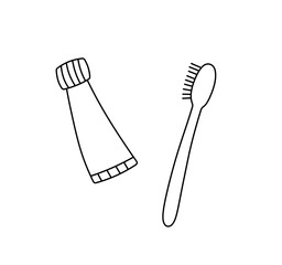 Vector isolated toothbrush and toothpaste tube  colorless black and white contour line easy drawing