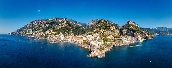 Aerial view of Atrani famous coastal village located on Amalfi Coast, Italy. Small town Atrani on...