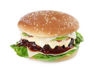 Tasty homemade cheeseburger with lettuce isolated on white