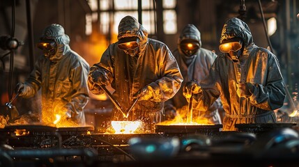 Several individuals in work attire are busy at various stations within a factory, operating machinery, assembling products, and inspecting quality