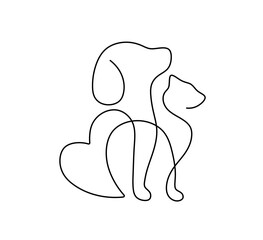 Vector isolated dog and cat one single contemporary line art colorless black and white contour line easy drawing