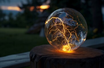 Illuminated glass orb at dusk