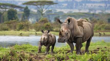 Rhinoceros with her calf in the Lake Nakuru National Park, Kenya