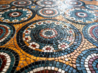 Intricately designed mosaic floor with vibrant patterns welcomes visitors in a lush villa