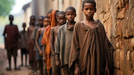 Group of African Tribal Boys in Traditional Attire Standing in Line