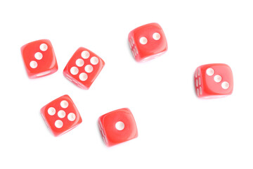 Many red game dices isolated on white, top view