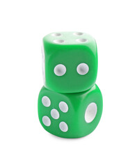 Two stacked green dices isolated on white