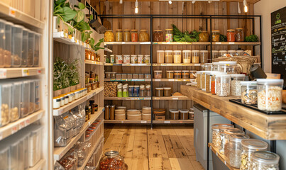 A zero-waste packaging-free grocery store where customers bring their own containers to fill with bulk foods and packaging-free products.