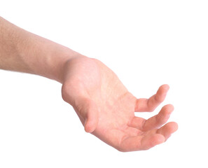 Man holding hand on white background, closeup